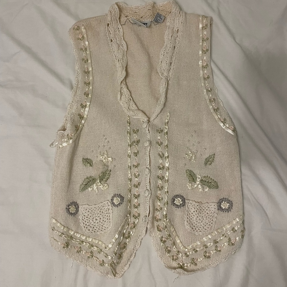 MIXED BLUES Cream Knit Vest with Lace Detail